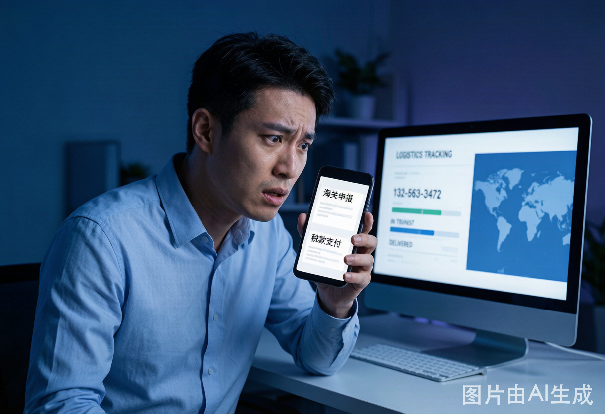 海淘消费者焦急查看手机上的海关缴税通知，对比不同缴税方式