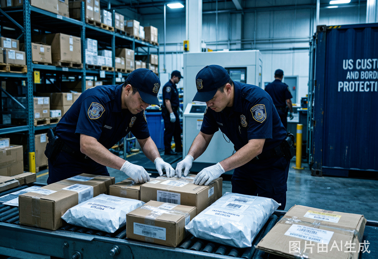 美国海关官员在货运仓库严格查验来自中国的入境包裹