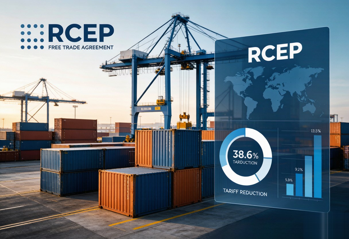 RCEP 享惠进口清关主题配图：港口集装箱与关税数据可视化